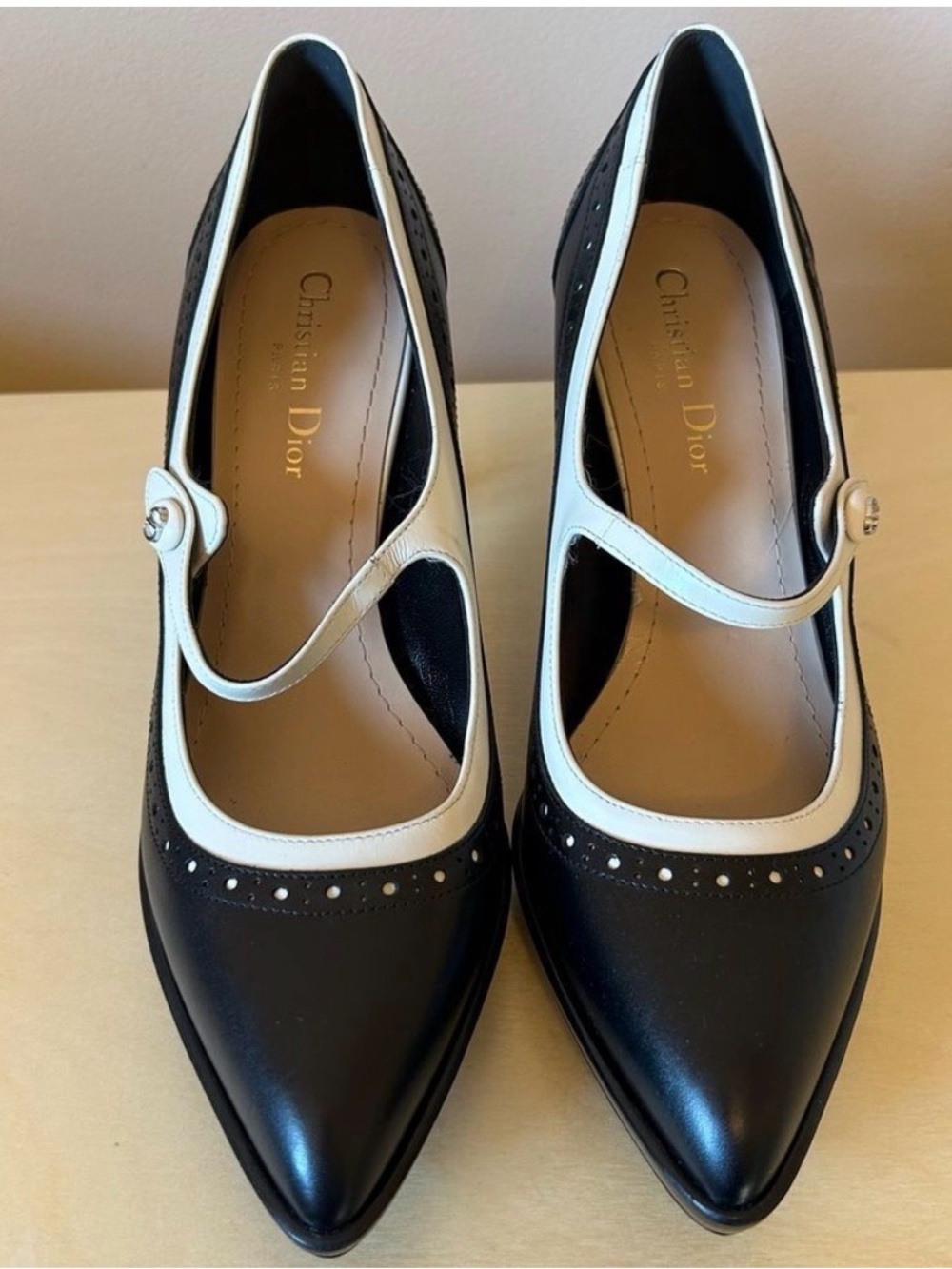 Christian Dior Black & White Leather Mary Jane Heels Size 38.5